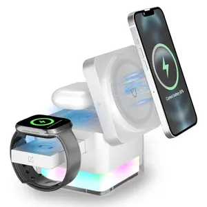 15W Wireless Charger, Smart Charging Dock, 3-in-1 Foldable Magnetic Wireless Charging Station, Phone Holder for Charging with Night Light, Compatible with iPhone 12-15