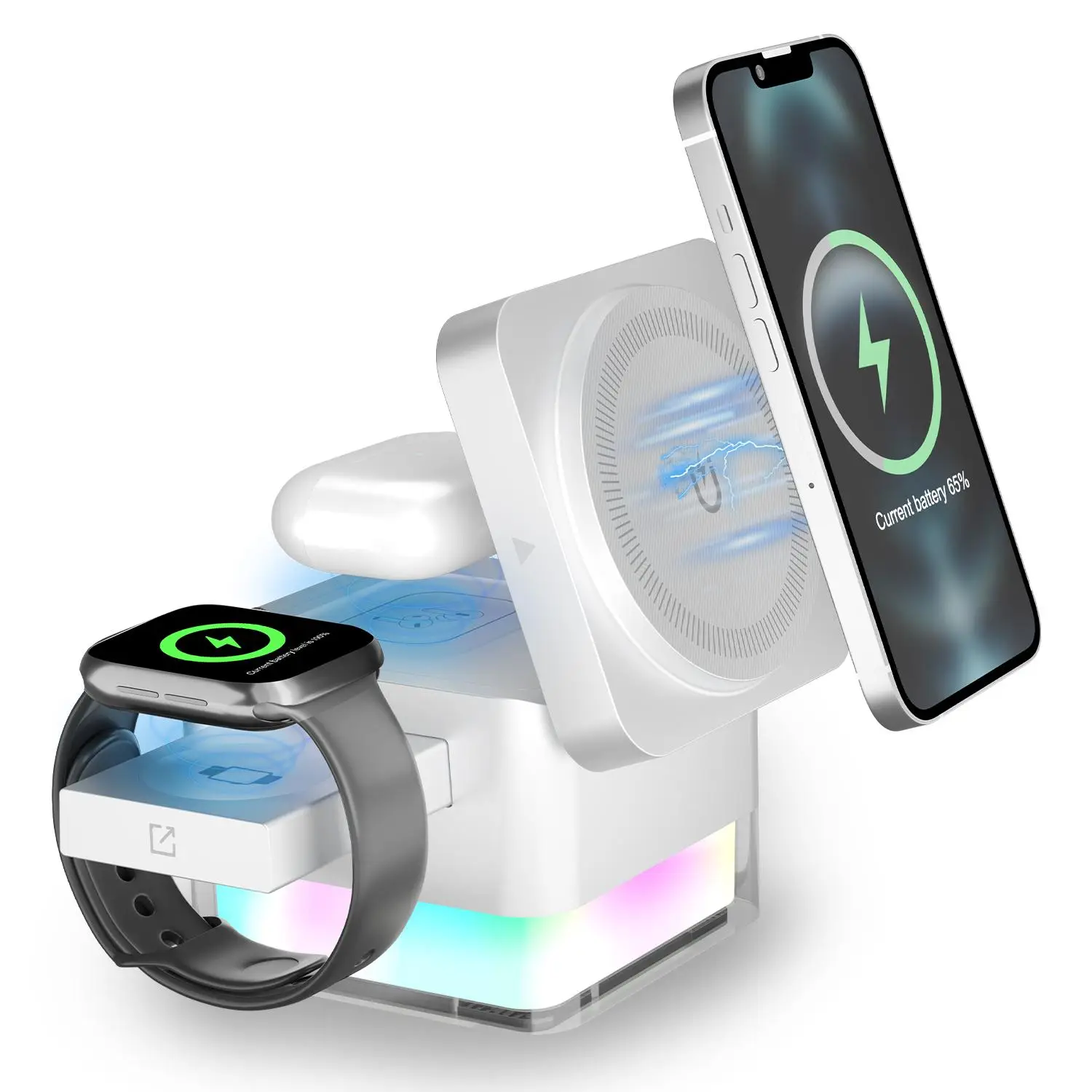 15W Wireless Charger, 3-in-1 Foldable Magnetic Wireless Charging Station, Phone Holder for Charging with Night Light, Compatible with iPhone 12-15