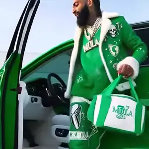 Mula Luxury leather money green pants and jacket w fur Menswear Smooth Casual Man