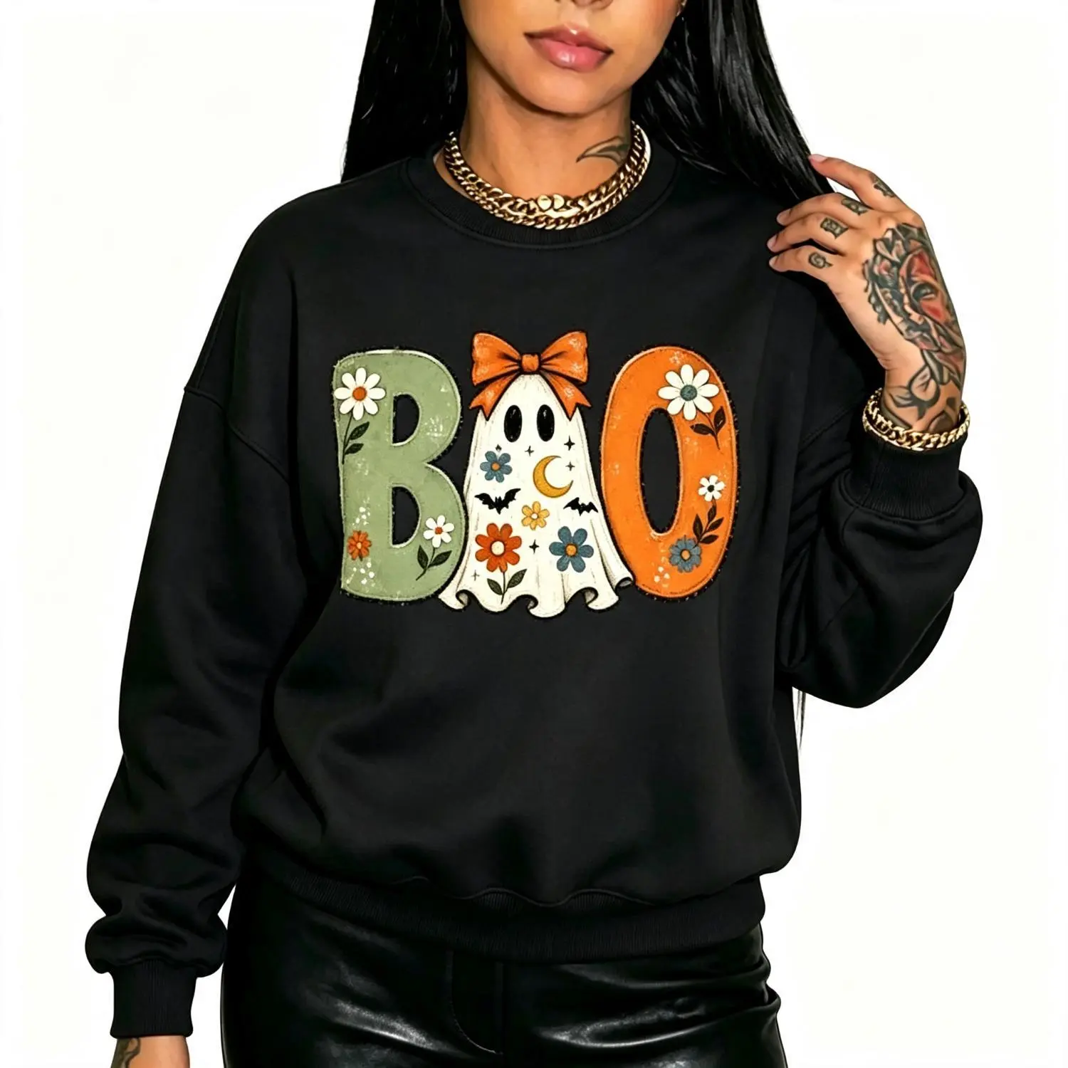 Halloween Boo Ghost Floral Bow Spooky Season Crew Neck Sweatshirt Long Sleeve Cozy Graphic Pullover Autumn Holiday Casual Trendy