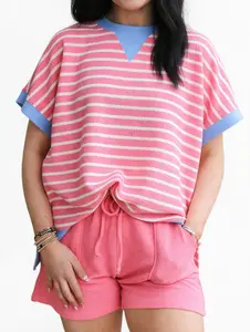 Women's Striped Colorblock Short Sleeve T-Shirt Casual Knit Top Round Neck Loose Fit Summer Blouse - Pink Stripe