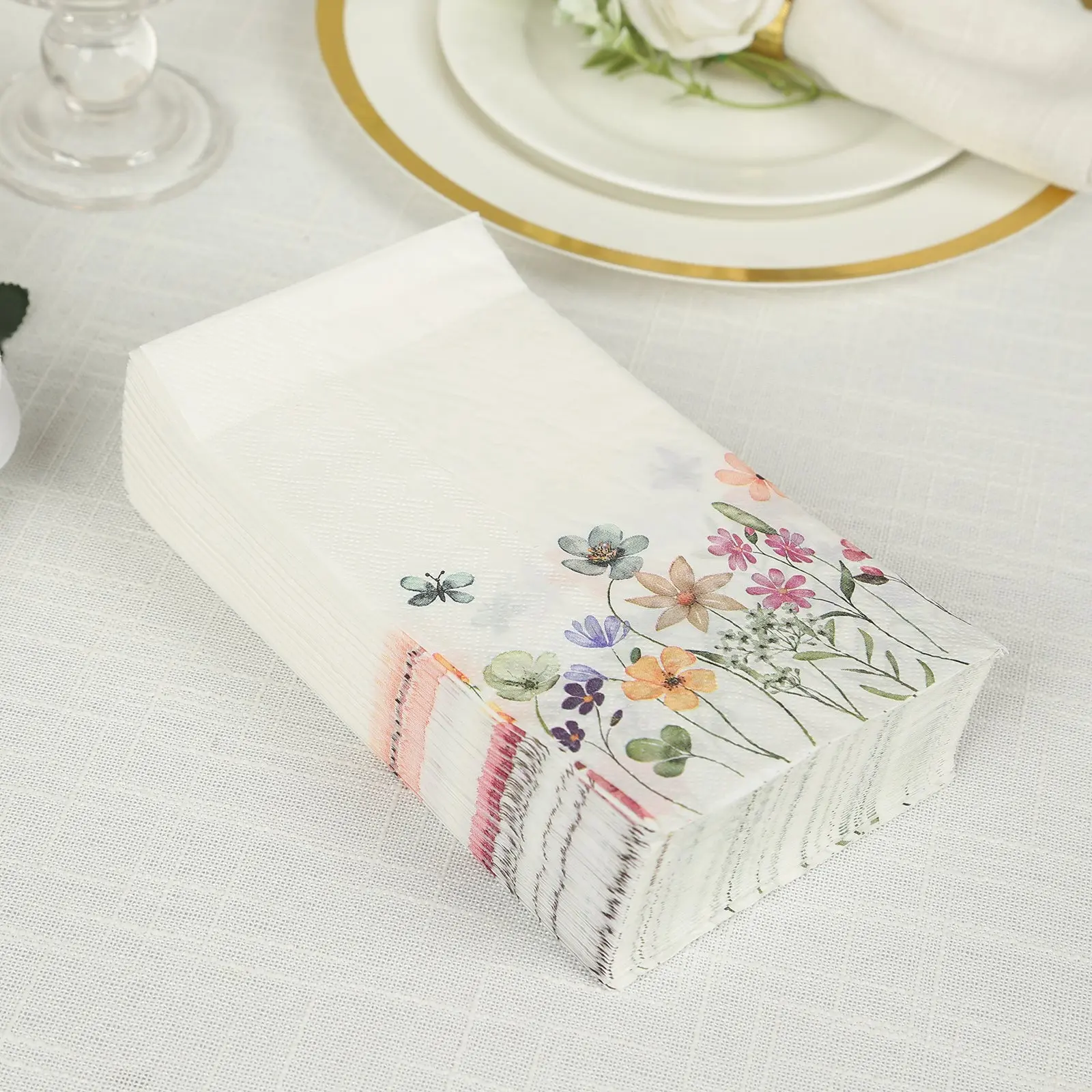 50-Pack 2-Ply Paper Dinner Napkins - 8"x4" Wildflower Butterfly Floral Print, Soft Water Absorbent Single-Use Restaurant Tableware for Birthday, Disposable Kitchen Napkins, Dinnerware, Soft Absorbent