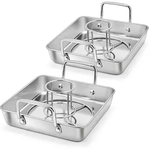 Beer Can Chicken Holder with Roasting Pan Set, 9-inch Stainless Steel Square Baking Pan and Chicken Rack For Grilling, Heavy Duty & Dishwasher Safe, 4Pcs