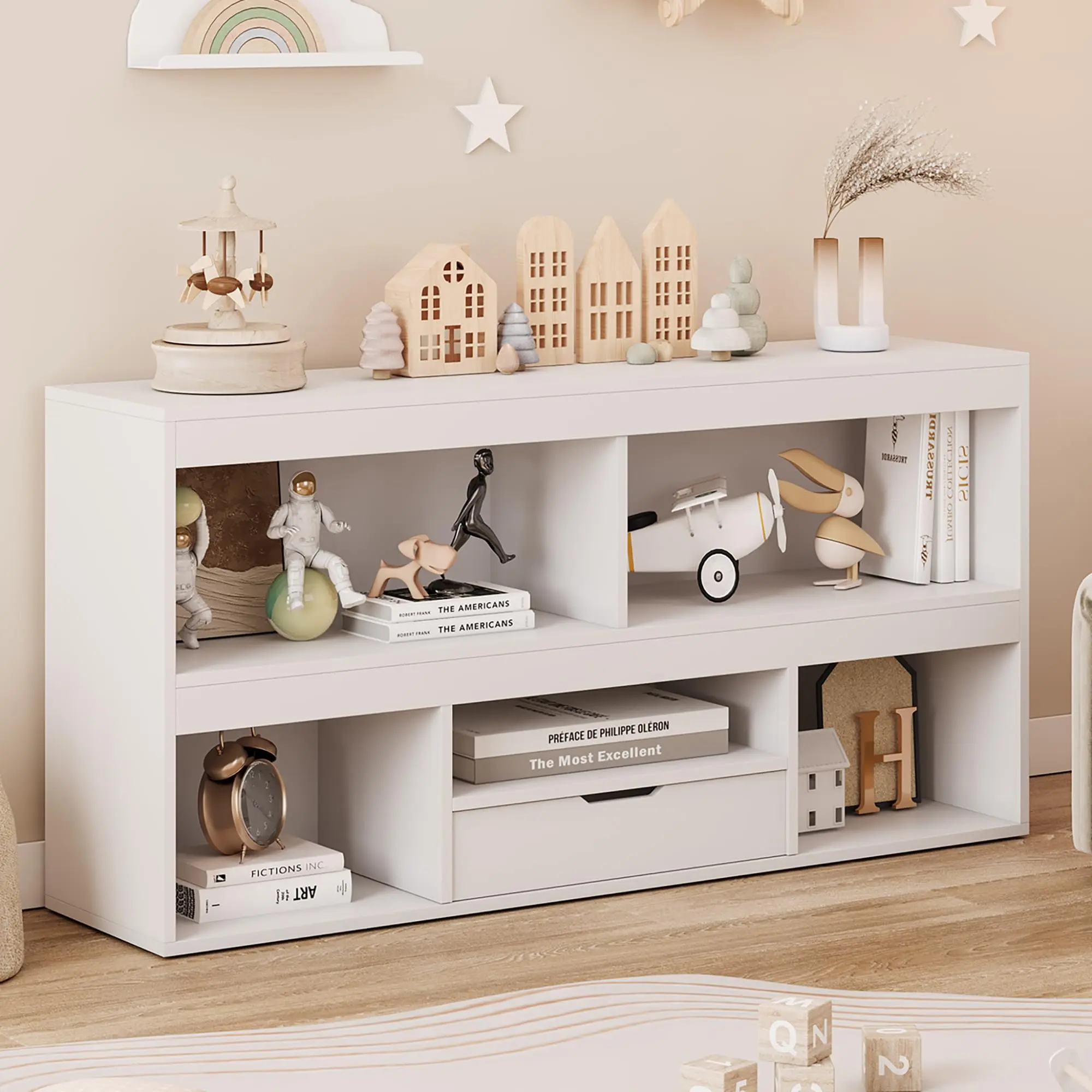Kids Toy Storage Cabinet with 5 Cubes & Drawer, Wooden Bookshelf Organizer for Playroom, Nursery & Classroom