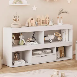 Kids Toy Storage Cabinet with 5 Cubes & Drawer, Wooden Bookshelf Organizer for Playroom, Nursery & Classroom