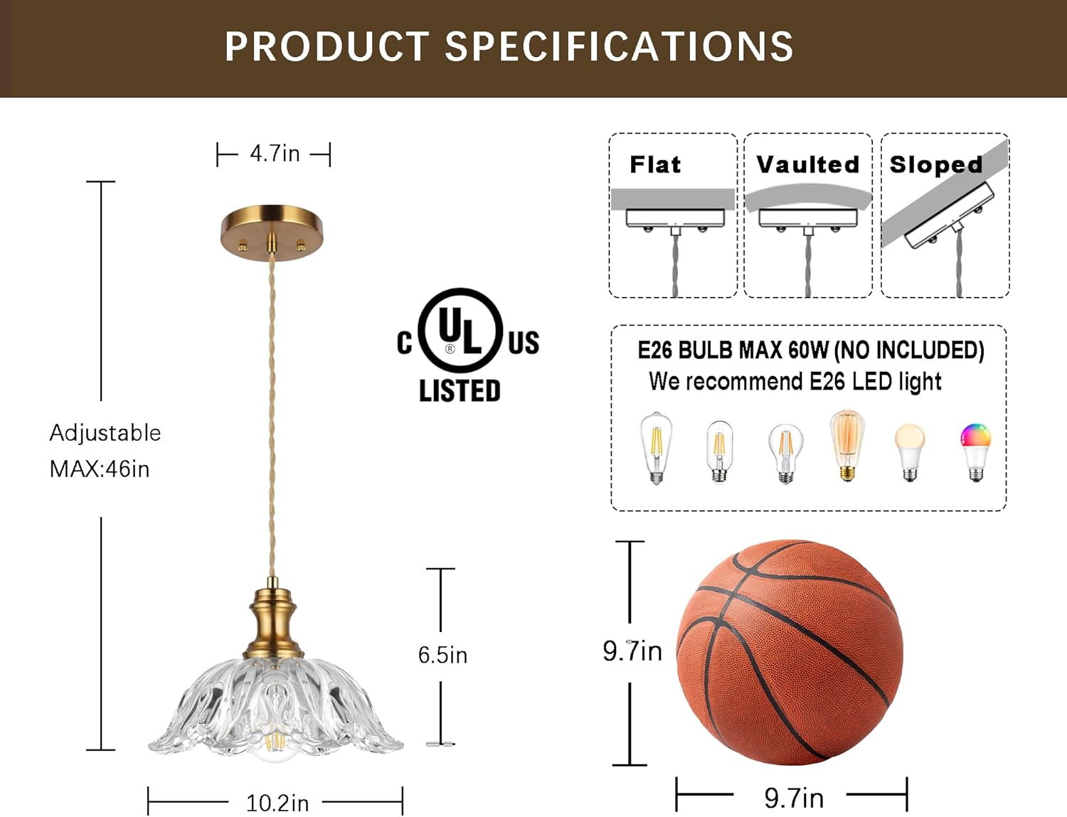 Gold Glass Pendant Lights, 10.6" 1-Light Vintage Hanging Light Fixtures with Flower Clear Glass Antique Brushed Brass Pendant Lighting for Kitchen Island Sink Dining Room