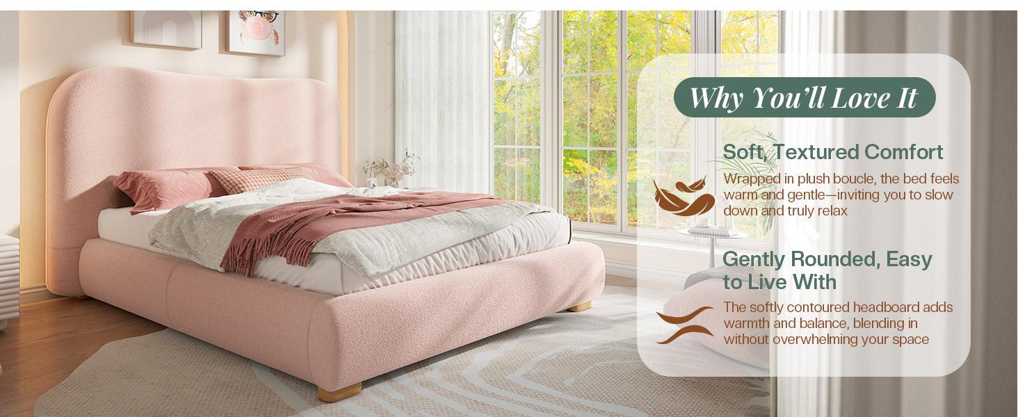 [Memorialday]VanAcc Cloud Bed Frame, 7.1" Thick Curved Headboard, Soft Rounded Corners Kid & Pet Safe Design, Modern Upholstered Platform Bed, No Box Spring Needed
