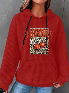 Autumn Winter New Hooded Leopard Cherry Letter Print Long Sleeve Sports Sweatshirt, Waffle Knit Loose Fit with Pocket, Fashion Essential