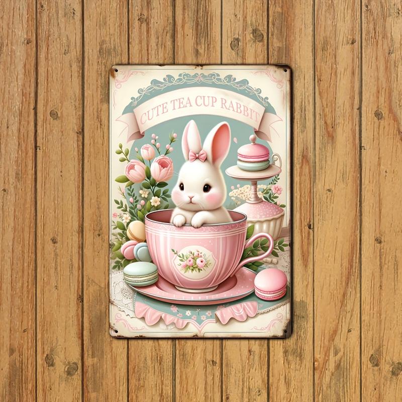 1pc Vintage Tin Painting: Pink Cute Teacup Rabbit, Suitable For Patio Decoration, Kitchen, Bedroom, Outdoor, Home Wall Decoration, Backdrop Decoration, Art Wall Decoration, Vintage Metal Signage