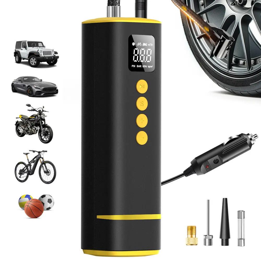 CaRSun Portable Digital Vehicle Tire Inflator Air Compressor, 150PSI Wired 12V-DC 3x Fast Pump with Pressure Gauge, 1-Button Smart Inflator for Cars, Motorcycles, Balls (Yellow) Emergency Tool, Digital Tire Inflator Emergency Air Pump