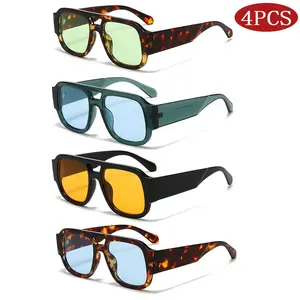 4 Pcs Oversized Square Sunglasses Double Bridge Candy Color Fashion Outdoor Shades for Women & Men