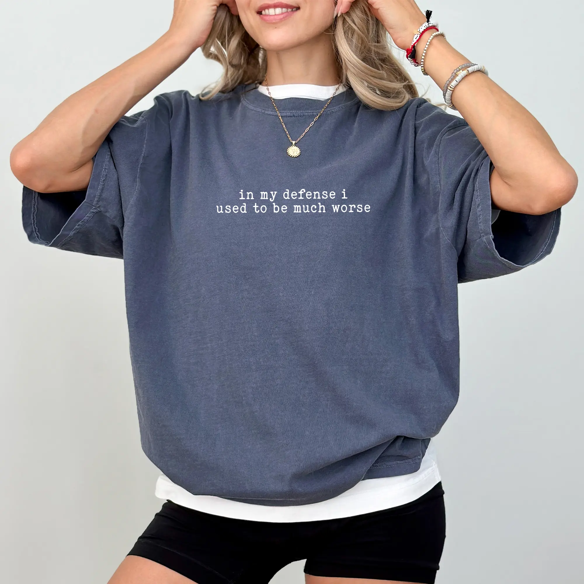 Women's MAPTEES Casual Oversized Cotton T-Shirt - Chic, Comfortable Funny Sarcastic "In My Defense I Used To Be Much Worse" Graphic Meme Tee for Adult Humor Outfits