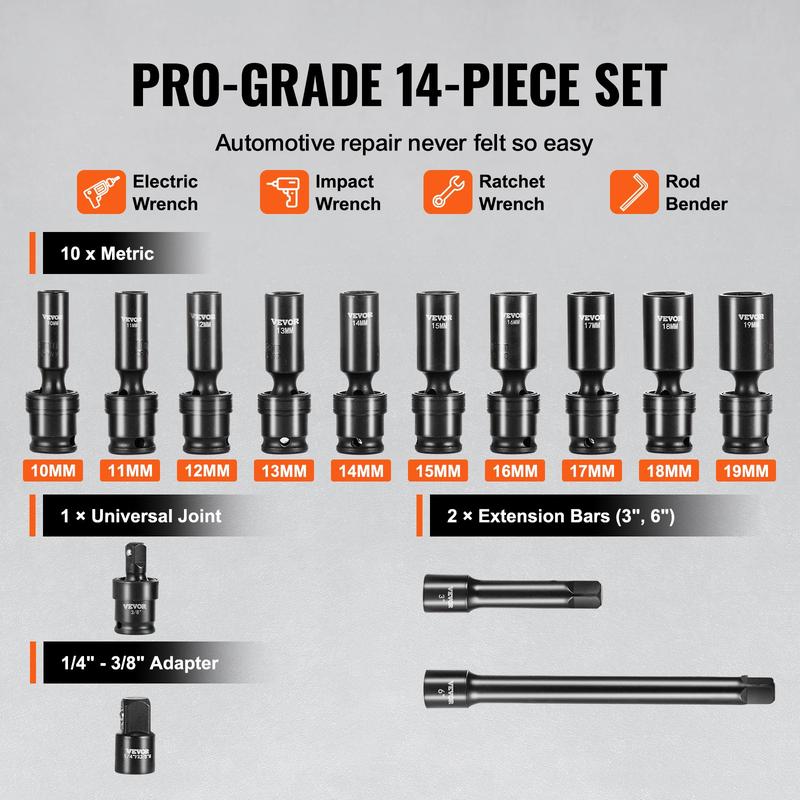 VEVOR 360 Degree Swivel 3/8'' Drive Impact Sockets Set,  , 14pcs CR-MO Metric Deep (10-19 mm), 6-Point Drive Socket Set Tool Case with 2 Extension Bars (3", 6"), 1/4" - 3/8" Adapter and a Universal Joint