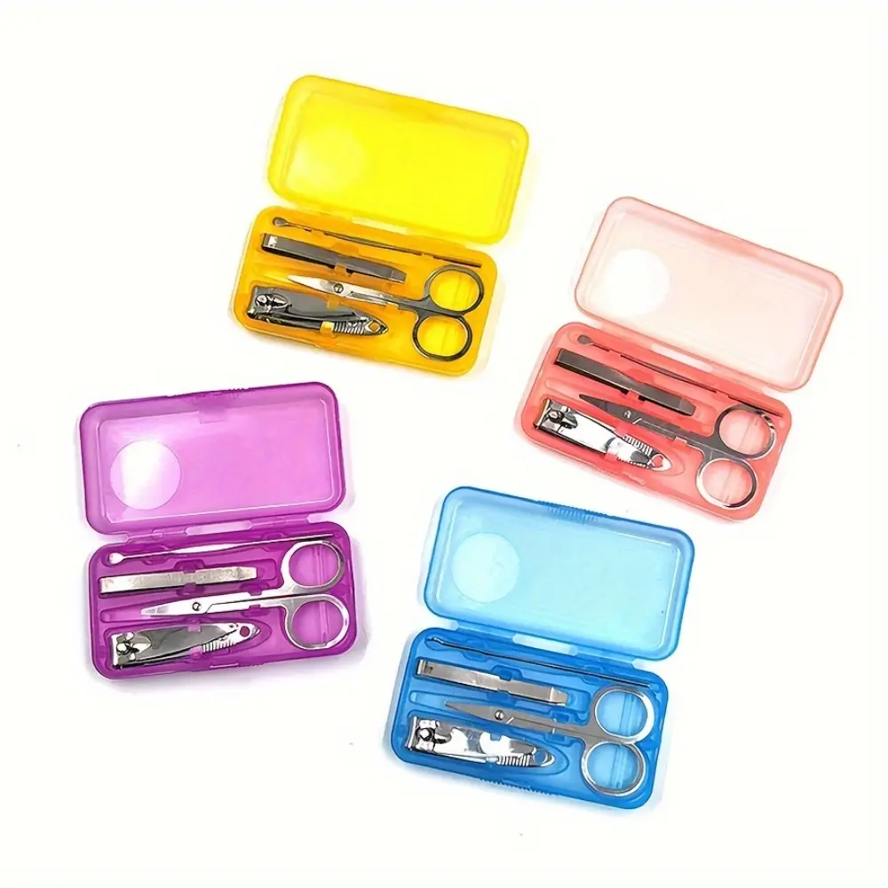 Stainless Steel Manicure Kit for Nail Techs, Including Nail Clipper, Scissors, Cuticle Trimmer and Ear Pick, Portable Complete Nail Care Set, Random Color Available, Durable Hand Tools for Household Daily Nail Grooming and Personal Beauty Maintenance