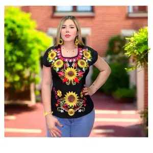 Blusa rayón kimona bordado de girasol con cintas para ajustar