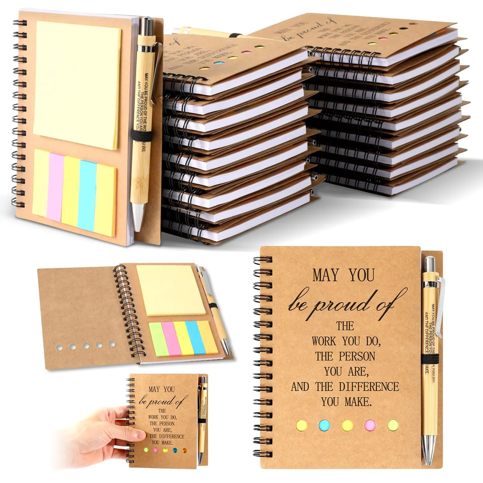 Motivational Mini Spiral-Bound Bamboo-Wood Notebook, 5.7x4.7in Kraft Paper, Sticky Notes & Pens - Inspirational Staff Appreciation Gifts (Bulk Office Stationery Supplies)