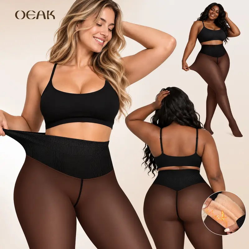 OEAK Womens Translucent Fleece Lined Tights Tummy Control High Waisted Pantyhose Body Slimming Leggings Plus Size Thermal Warm Thick Opaque Tights