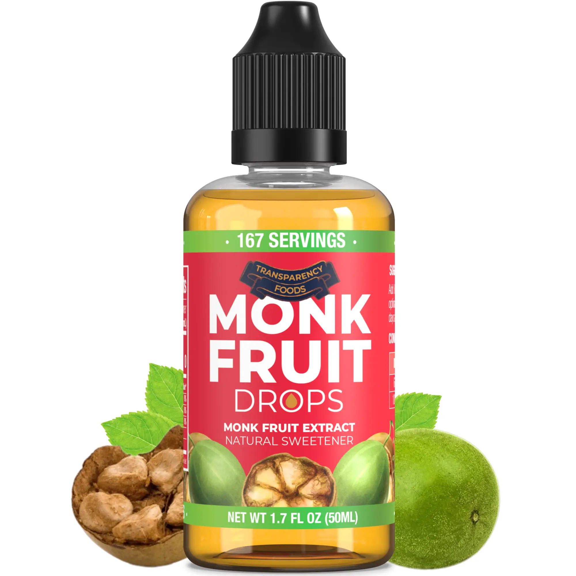 Monk Fruit Extract By Transparency Foods - Zero Sugar, Zero Calories, Zero Glycemic, Keto-Friendly - NEW FORMULA (1.7 FL OZ, 167 Servings)