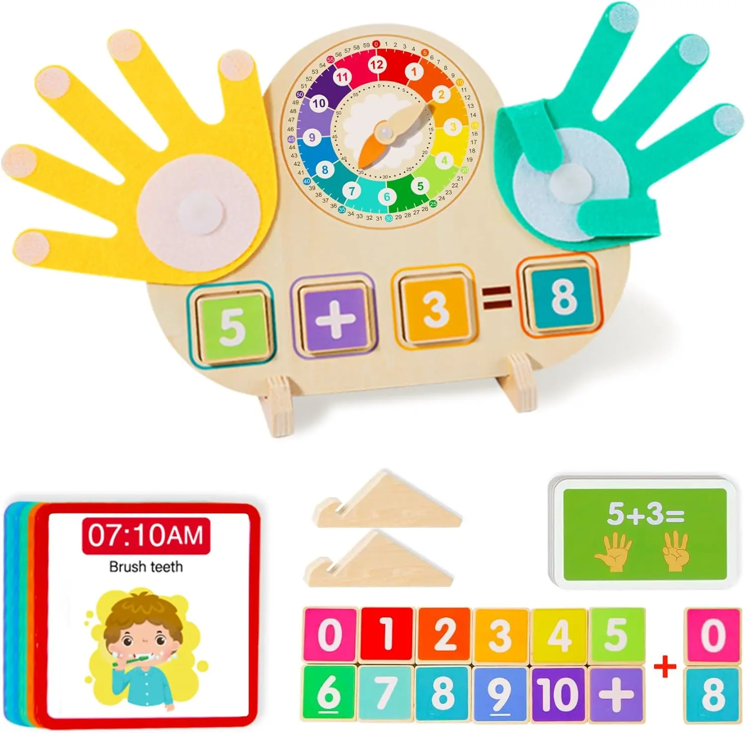 2-in-1 Educational Math Manipulatives - Finger Counting Blocks & Teaching Clock, Screen-Free Maths Toys for Toddlers 3-5, Montessori Birthday Gifts for Boys Girls