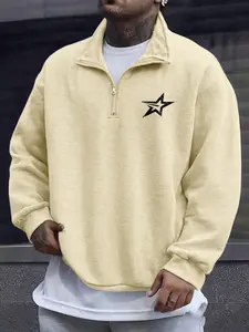 Men's Star Logo Half-Zip Pullover Sweatshirt, High-Weight Fleece Warm Stand Collar, Fall & Winter Casual Loose Fit Couples Sportswear