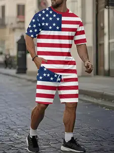 Men's Casual 3D Digital Print Two-Piece Set, Star-Spangled Blue Stripes, Breathable Sporty Style, Trendy Retro