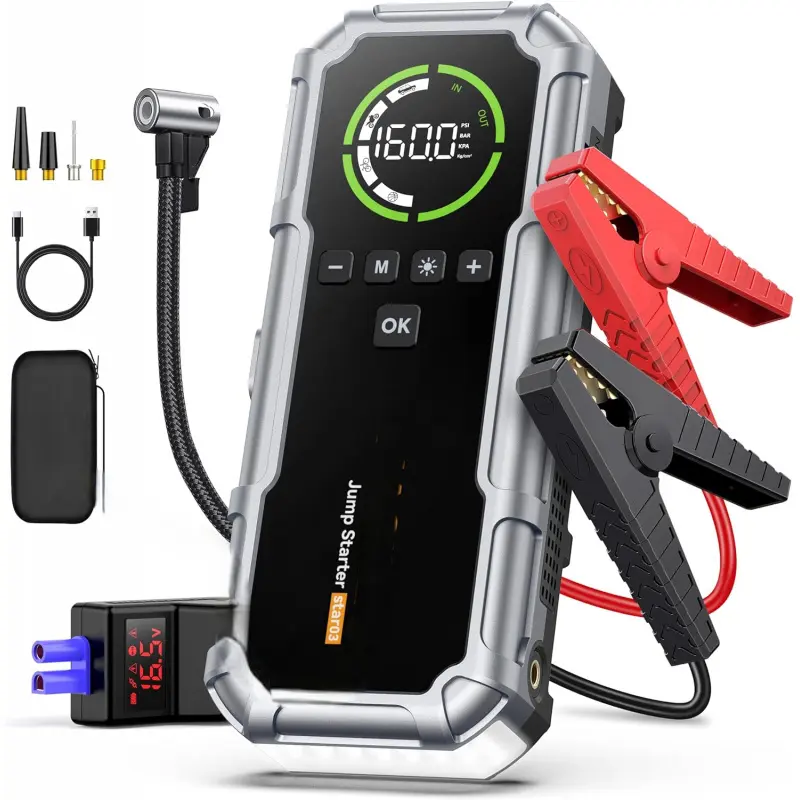 8000A 160PSI Jump Starter with Air Compressor, Car Jumper Starter Portable (All Gas/10L Diesel), 12V Jump Starter Jump Box with Jumper Cables, Force Start, LED Light