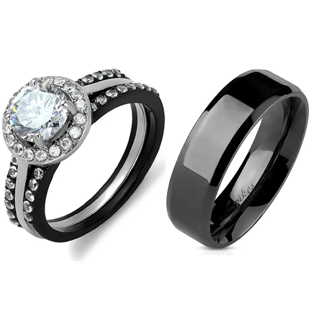 Adults' 4 PCS Couple Rings Set, Cubic Zirconia Engagement Rings, Black IP Stainless Steel, 7x7mm Round Cut, Men's Flat Band, Male Matching Band, Engagement Ring Set, Ion Plated