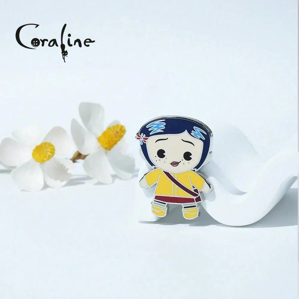 Coraline Collectible Enamel Pin, Movie Figure Lapel Badge Brooch, Yellow Raincoat / Button Eyes Anime Pins Gift for Fans