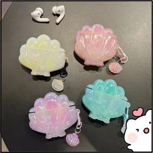 Iridescent Electroplated Cartoon Shell AirPods Case For AirPods 2 3 Pro 4 Glitter Protective Cover With Shell Keychain For Women