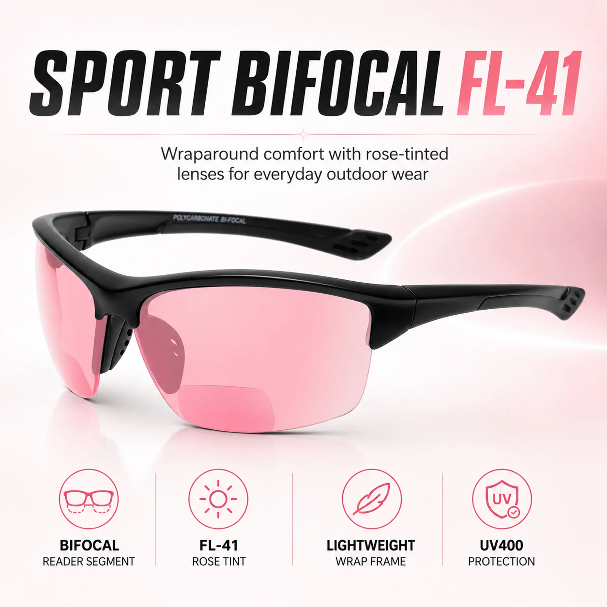 Medspex Sport 202BF FL41 Pink Bifocal Safety Glasses - Black, UV400 Protection, Sun Protection, Light-Duty, for Hiking/Light Outdoor Migraine Reduction