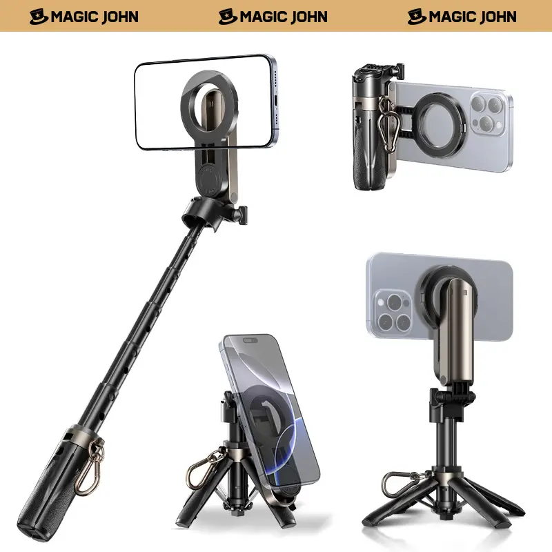 NEW - MAGIC JOHN 4-in-1 Multifunctional Magnetic Selfie Stick – 360° Rotation, Compact & Stylish, With wireless Bluetooth control, Magnetic Phone Hold