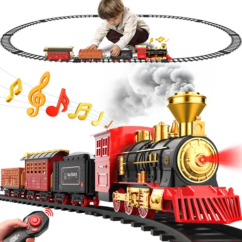 Hot bee Christmas Electric Steam Locomotive Set, Remote Control Train Set, Train Model Toys for Boys with Smokes, Lights and Sound for Boys Girls Christmas Toys Gifts