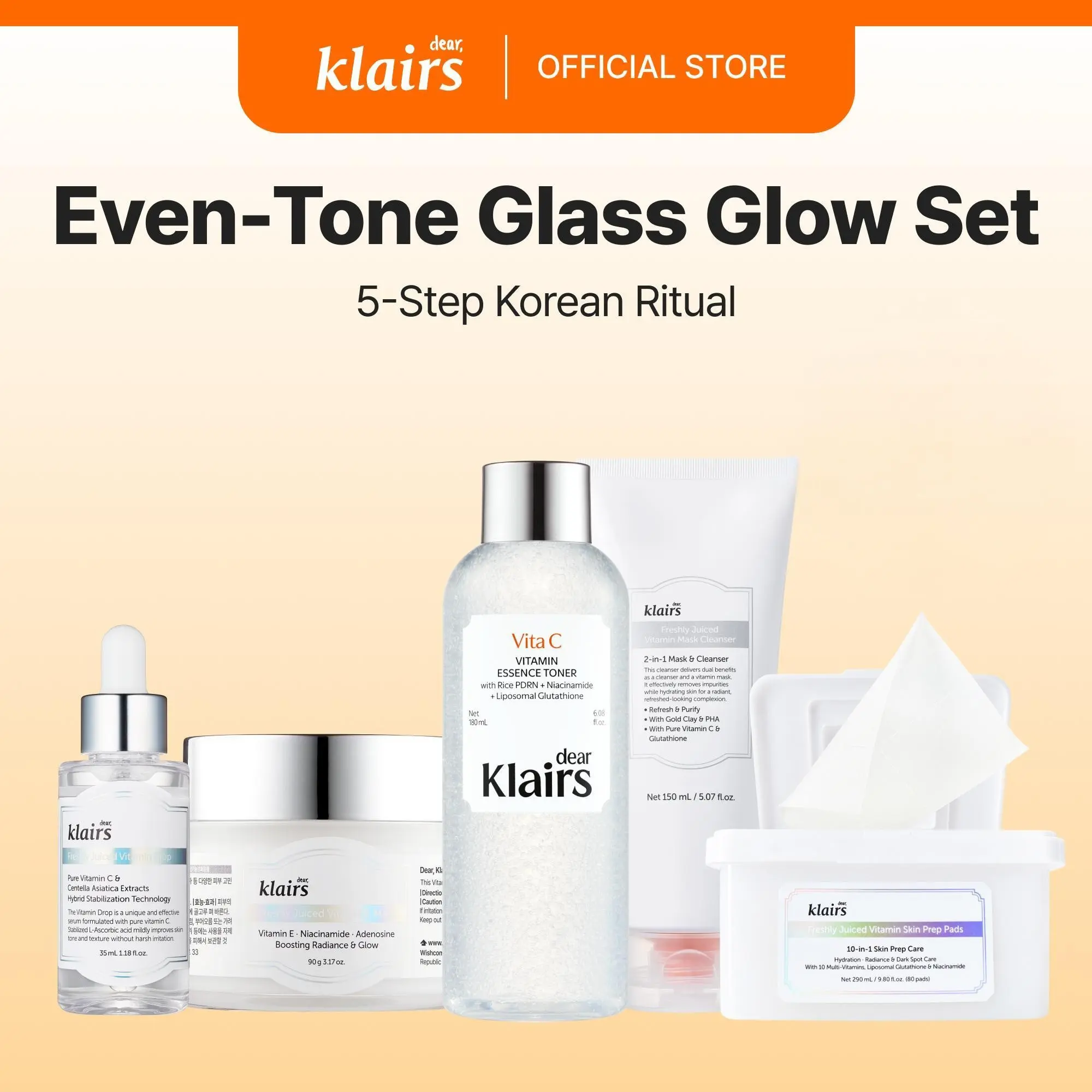 [Dear Klairs Official] Even-Tone Glass Glow Set, 6 products full korean skincare set, Skin Prep for Makeup, Brightening, Dark Spots, Vitamin C PDRN for Radiant Skin kbeauty