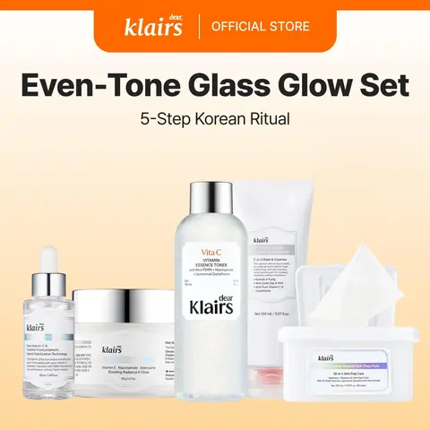 [DearKlairs] Even-Tone Glass Glow Set, 6 products full korean skincare set, Skin Prep for Makeup, Brightening, Dark Spots, Vitamin C PDRN for Radiant Skin kbeauty