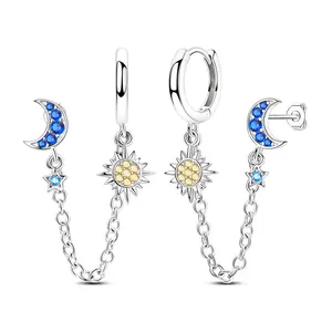 MULA Celestial Sun Moon Star Chain Earrings, S925 Silver-plated Plated with White Gold, Inlaid with Sparkling Zirconia, Perfect Gift for Girls on Christmas, Birthday, Valentine's Day or Any Special Occasion