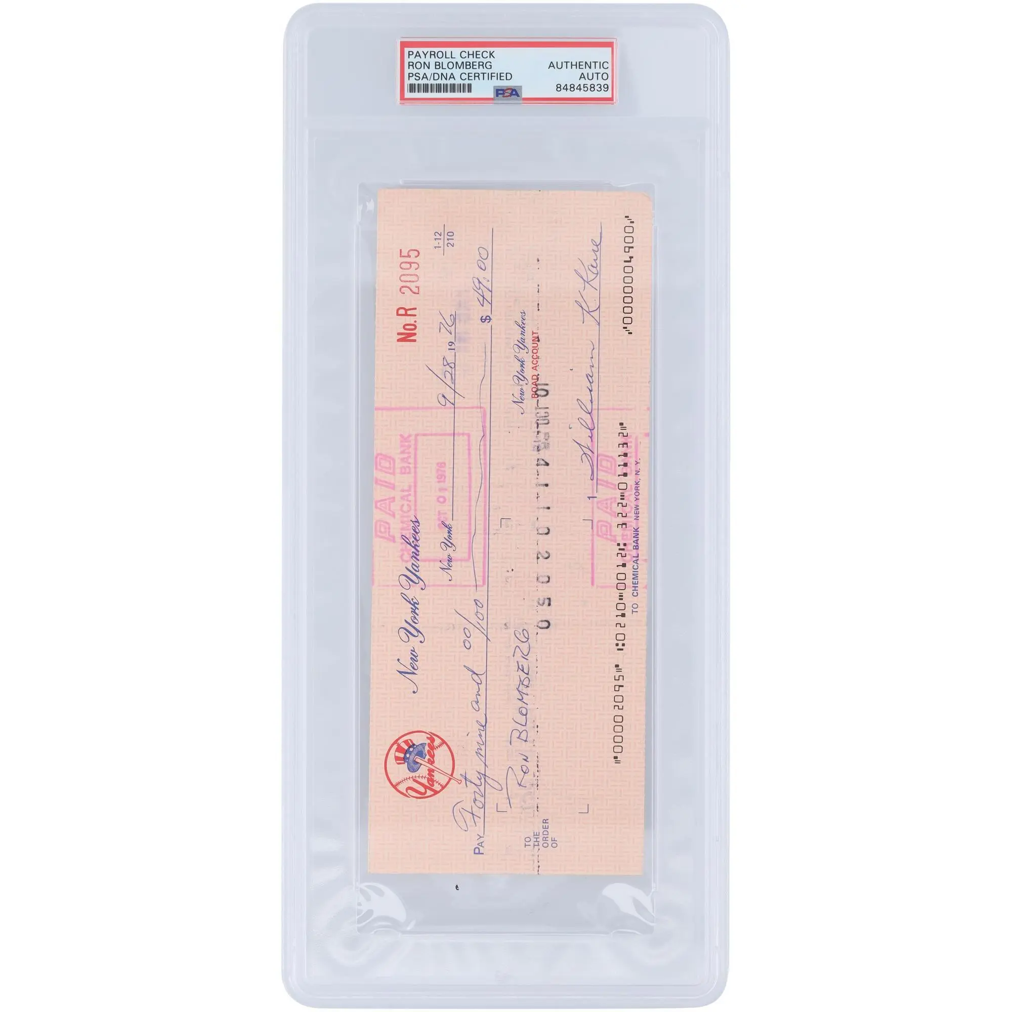 Ron Bloomberg New York Yankees Autographed Check from September 28, 1976 - PSA 84845839 - Fanatics Authentic Certified