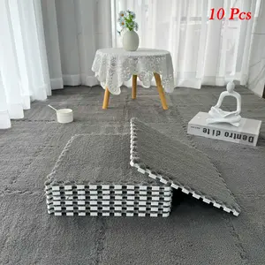Solid Color Fluffy Puzzle Floor Mat, 10pcs/set Soft Interlocking Foam Area Rug, Decorative Carpet for Home Living Room Bedroom Hotel, Home Decor