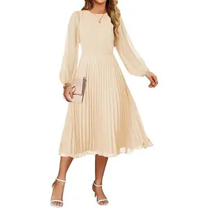 ZESICA Women's Fall Long Sleeve Dresses 2026 Casual Crewneck Chiffon Swing Pleated A Line Cocktail Party Midi Dress