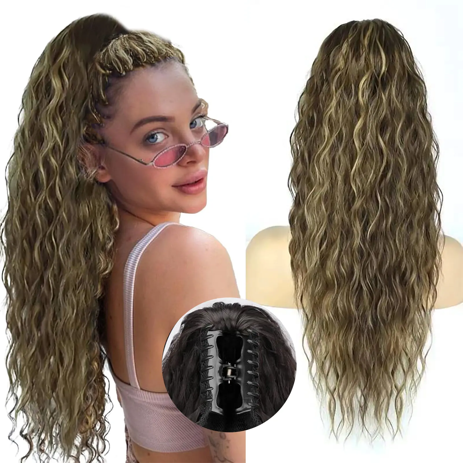 10H26# Brown& Dark Blonde Claw Clip Ponytail