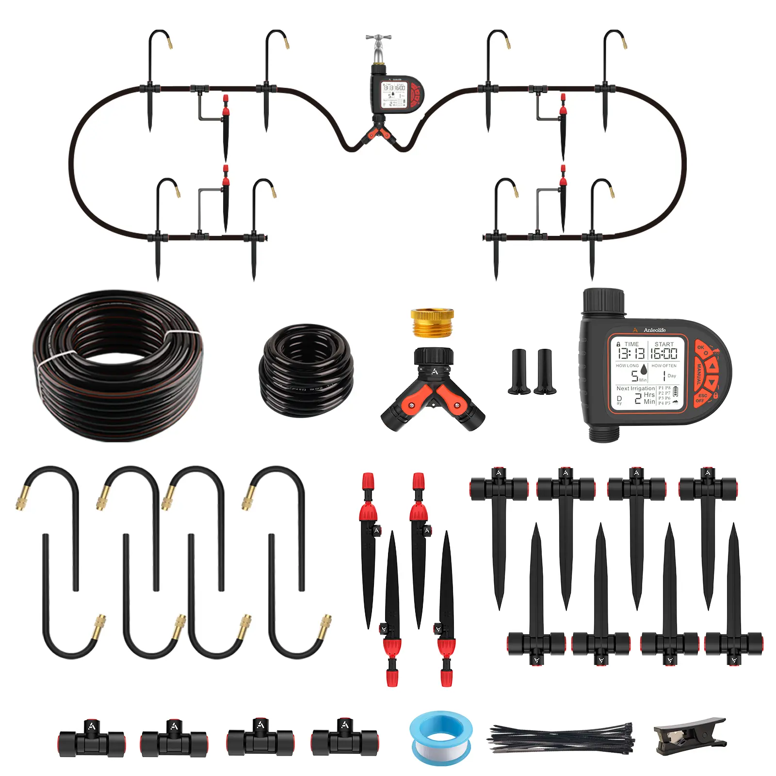 ANLEOLIFE 82.4FT Automatic Drip Irrigation Kit with Programmable Water Timer, LCD Display, 8 Customizable Schedules, Quick-Connect PE/PVC Tubes, Child Lock, 8 Universal Nozzles, 2-in-1 Mist-Spray Nozzles for Raised Beds, Garden