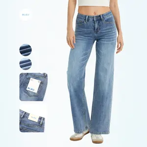 BLEU Women's Mid Waist Wide Leg Jeans Super Stretch Denim Vintage Washed Comfortable Fit Machine Washable Casual Wear