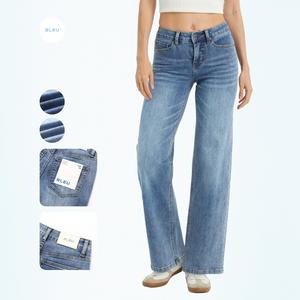 BLEU Women's High-Waist Super Stretch Vintage Washed Denim Wide Leg Ankle-Length Baggy Pants - Pockets, Machine Washable, Minimalist Streetwear Clothing, Flared Jeans, Vintage Clothing, Women's Clothes