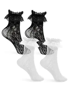 Cute Lace Trim Knee-High Socks for Women Lady, Sexy Fitted Design, Elastic Hollow Out Style, Fashion Essential for All Seasons, Lace Crew Socks