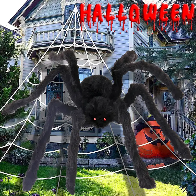 Creepy Spooky Giant Spider Plush with Huge Web - 30/75/125cm Black Halloween Haunted House Outdoor Holiday Ornaments, Home Festive Party Decor Supply Prop