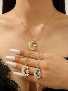Star Moon Rhinestone Clavicle Necklace, Gold Silver Color Options, Moon Sun Design Luxurious Pendant, Fashion Accessory for Daily Wear, Charms Necklace