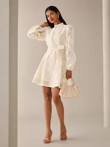 Elegant Sweet Jacquard Stand Collar Waist Cinched A-Line Front Button Bubble Lantern Sleeve Short Dress, Spring Summer Cream Color