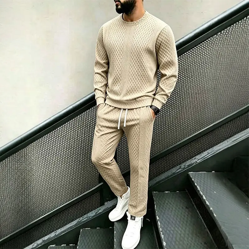Men's Khaki 2-Piece Diamond Jacquard Crewneck Sweatshirt & Straight-Leg Sweatpants Set - Solid Textured Knit Long-Sleeve Top with White Drawstring, Elastic Waistband Casual Pants, Understated Luxury Menswear, No Matching Needed, Fabric Construction