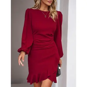 Women’s plain ruched ruffle trim zip bodycon dress, elegant bishop sleeve short dress for parties, holidays, and wedding guests; ladies’ fall and winter clothes, Autumn/Winter Fashion Clothing 2025