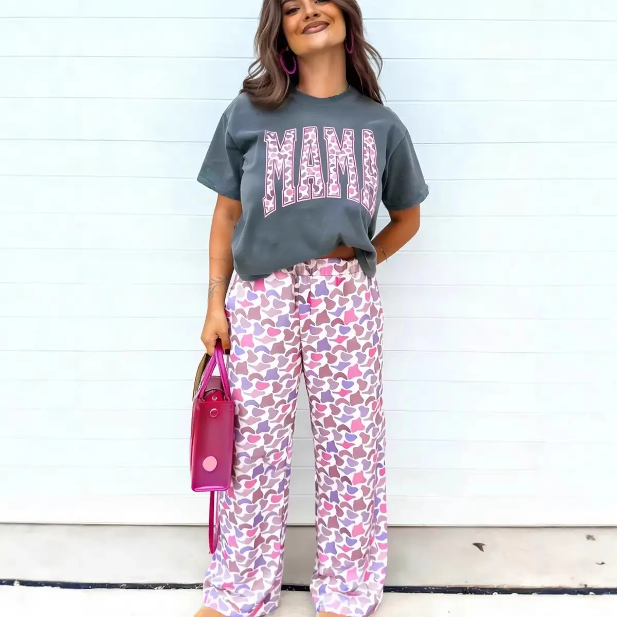 Two Piece Sets for Women MAMA Letter Graphic Tee & Camouflage Print Loose Pants Casual Lounge Matching Set
