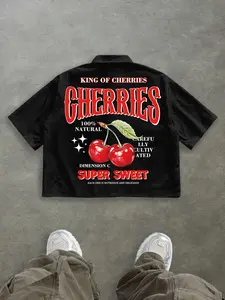 Vintage American Style Fitted Short Sleeve Shirt, Cherry Illustration & Retro Font Print, Durable Fabric, Casual Daily Wear, High-Quality